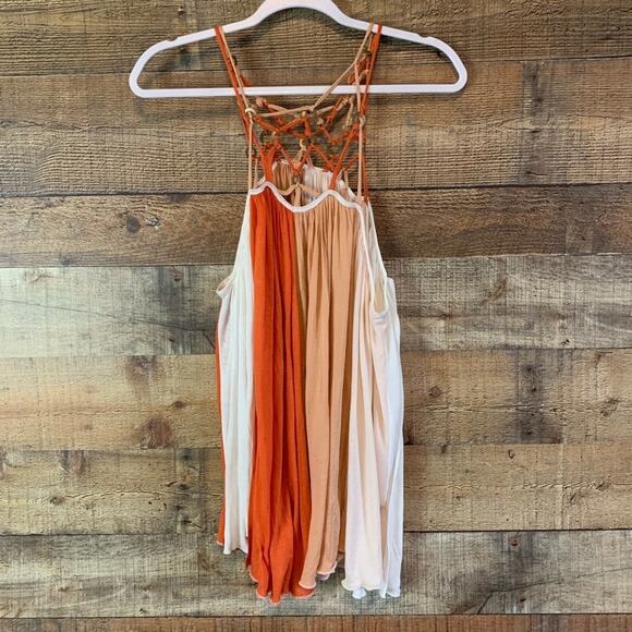 𝅺Free People Macrame Tunic Tank Top Colorblock Orange Tan White Size XS - Picture 6 of 11